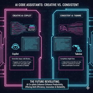 A scientific diagram showing a highly creative AI generating large code blocks (Copilot) next to a highly consistent AI completing single lines based on proprietary patterns