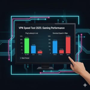 A screenshot of a network speed test graphic comparing three VPNs' ping (ms) and download speed (Mbps) results