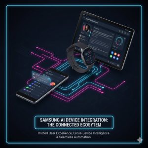 A seamless user experience across a Samsung phone, watch, and tablet, demonstrating Samsung’s AI Device Integration strategy in a multi-device ecosystem