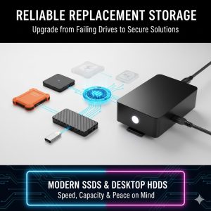 The Ticking Clock: 3 Clear Signs Your Old External Hard Drive is Failing (And How to Backup NOW) 5 A selection of modern, rugged external SSDs and a high-capacity desktop HDD, symbolizing reliable replacement storage solutions