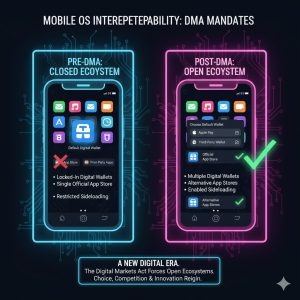 A side-by-side view showing a mobile phone's operating system interface with new options for third-party digital wallets and alternative app stores, highlighting DMA-mandated interoperability