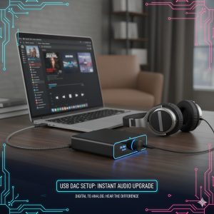 What is a DAC? Easy Digital Audio Terminology Decoded for the 40-Year-Old Dad 3 A sleek, compact external DAC connected via USB to a laptop, demonstrating the USB DAC setup