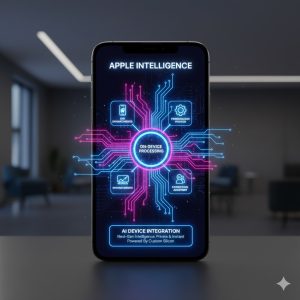 A sleek, futuristic image of an Apple iPhone (potentially a foldable) with glowing Apple Intelligence UI elements, symbolizing AI Device Integration and on-device processing