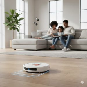 A sleek, modern home interior with a robot vacuum silently cleaning while a family relaxes