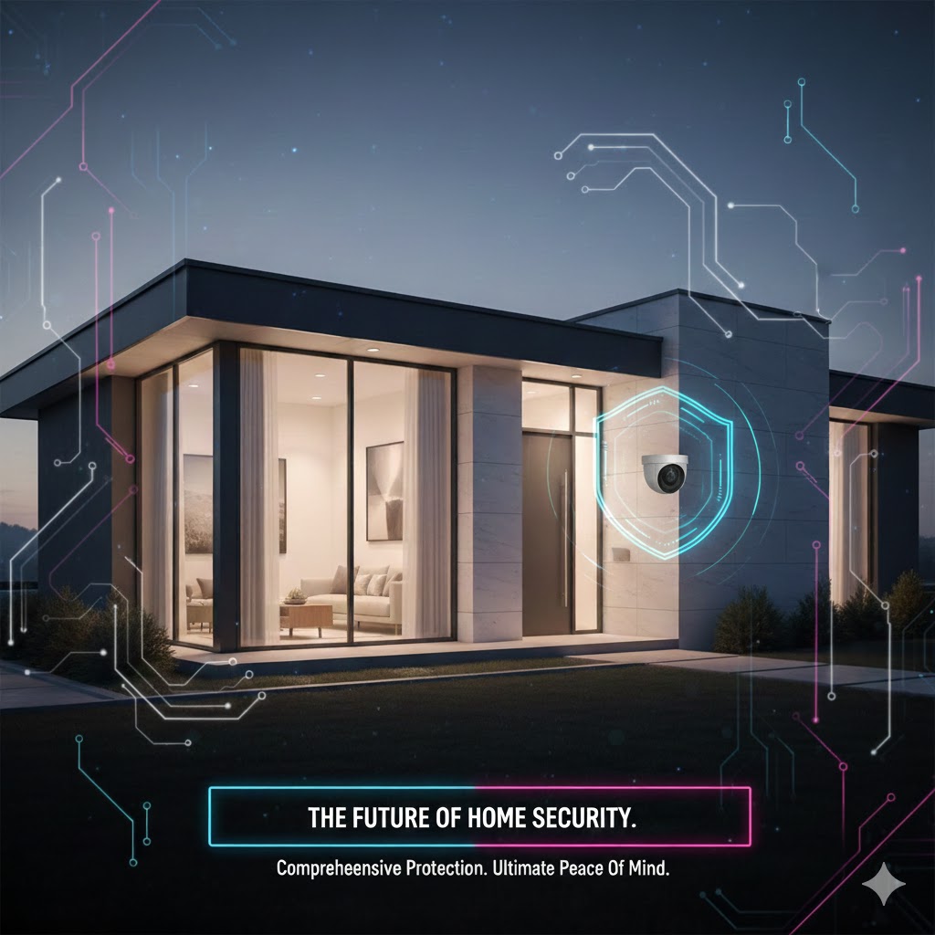 A sleek, modern smart home exterior showing a discreet security camera integrated into the design, representing the comprehensive Future of Home Security and peace of mind