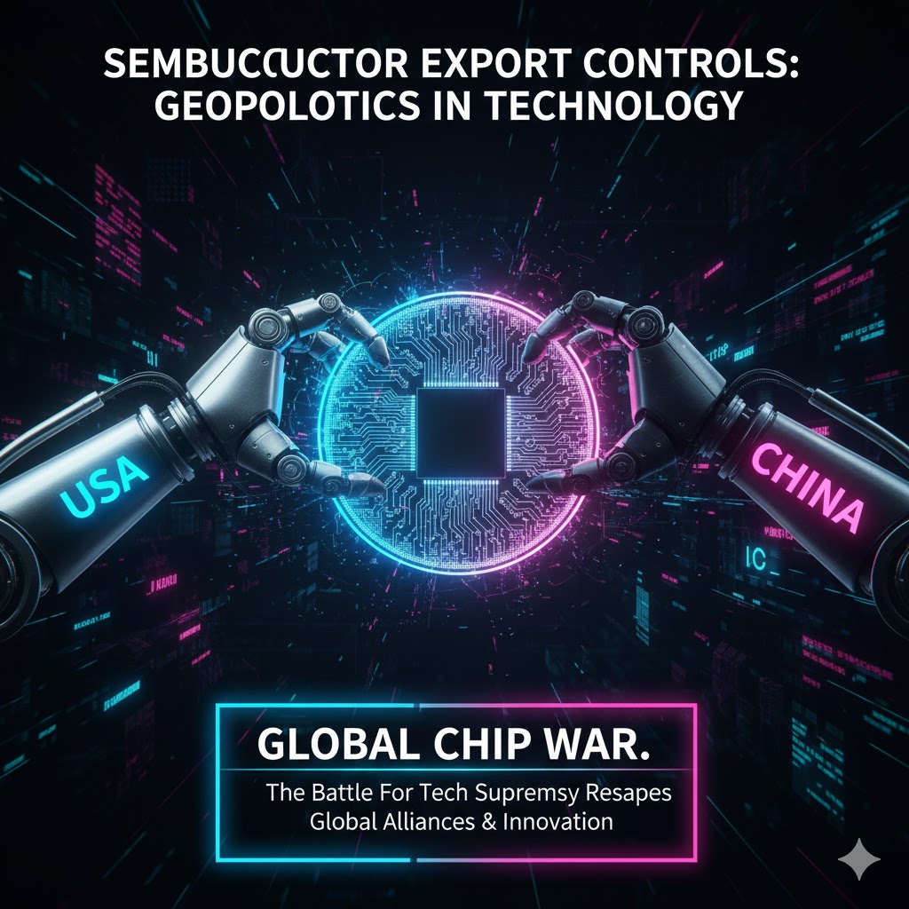 A stylized, glowing image of an advanced semiconductor wafer being held by two giant robotic arms labeled USA and China