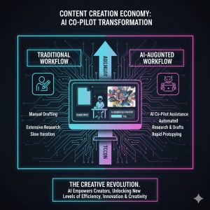 A stylized graphic showing a human content creator collaborating seamlessly with an AI co-pilot on a screen, symbolizing the transformation of the Content Creation Economy through automation