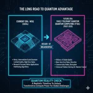 A timeline diagram contrasting the current NISQ era (research focus) with the long-term