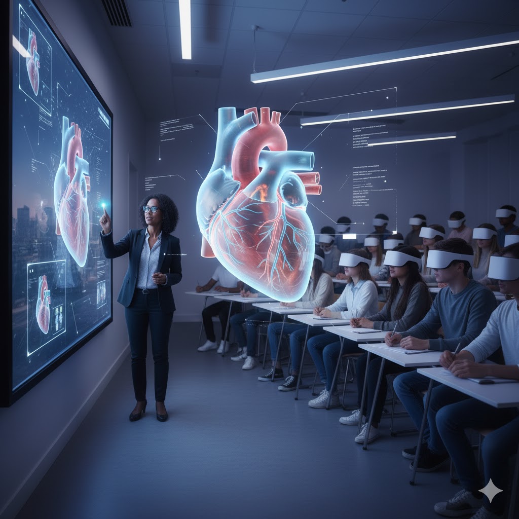 A university professor guiding a lesson with a large, shared screen displaying what the students see in their headsets