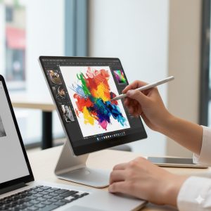 A user working with a stylus on a portable touch monitor, demonstrating the Best Portable Secondary Monitor for drawing and productivity
