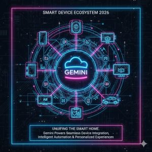 A vibrant, interconnected web of data and devices, with the Google Gemini logo at the center, representing its role as the cloud-powered intelligence layer in the Smart Device Ecosystem 2026