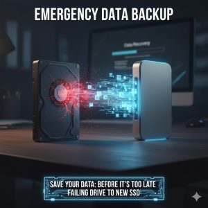 The Ticking Clock: 3 Clear Signs Your Old External Hard Drive is Failing (And How to Backup NOW) 4 A visual representation of data packets (files) being urgently copied from an old, cracked external hard drive to a new, modern SSD