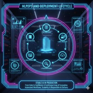 MLOps and Deployment: Ensuring Stable AI in Production Environments and Avoiding Drift 2 A visual representation of the MLOps and Deployment lifecycle, showing the continuous loop from development to monitoring in stable AI in production