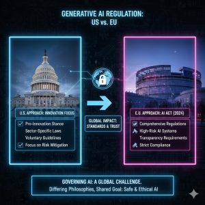 A visual split screen showing the U.S. Capitol and the European Parliament, representing The Regulation of Generative AI in both jurisdictions