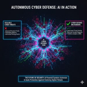 A visually dense, networked diagram of an autonomous AI SIEM,XDR system neutralizing rapidly multiplying malicious code, representing modern Cyber Defense Mechanisms