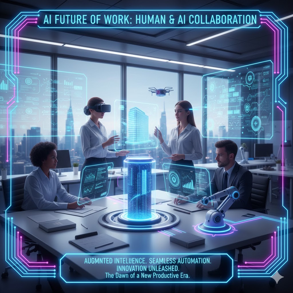 AI Future of Work- A visual representation of human workers collaborating with AI and automation tools in an office setting