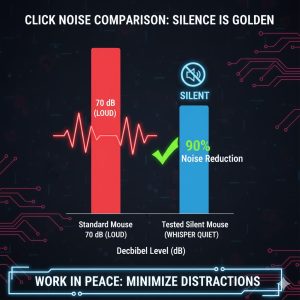 Bar graph demonstrating the silent mouse vs normal mouse noise comparison decibel reduction