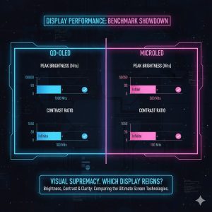 Benchmark chart comparing the peak brightness Nits and infinite contrast ratio of Sony Bravia QD OLED vs MicroLED