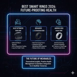 Best Smart Rings 2026 infographic showing three distinct user icons (Sleep Optimizer, Biohacker, Android User) pointing to the Oura, Ultrahuman, and Samsung Galaxy Ring, emphasizing Future Proofing Health