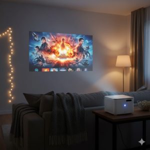 Budget smart projector in use projecting movie