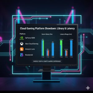 Chart comparing game libraries and latency for cloud gaming platforms