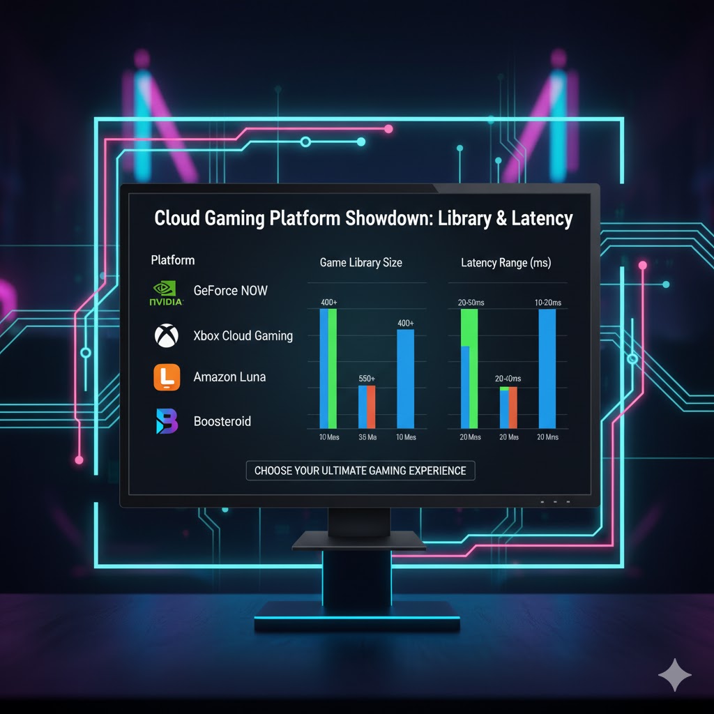 Chart comparing game libraries and latency for cloud gaming platforms