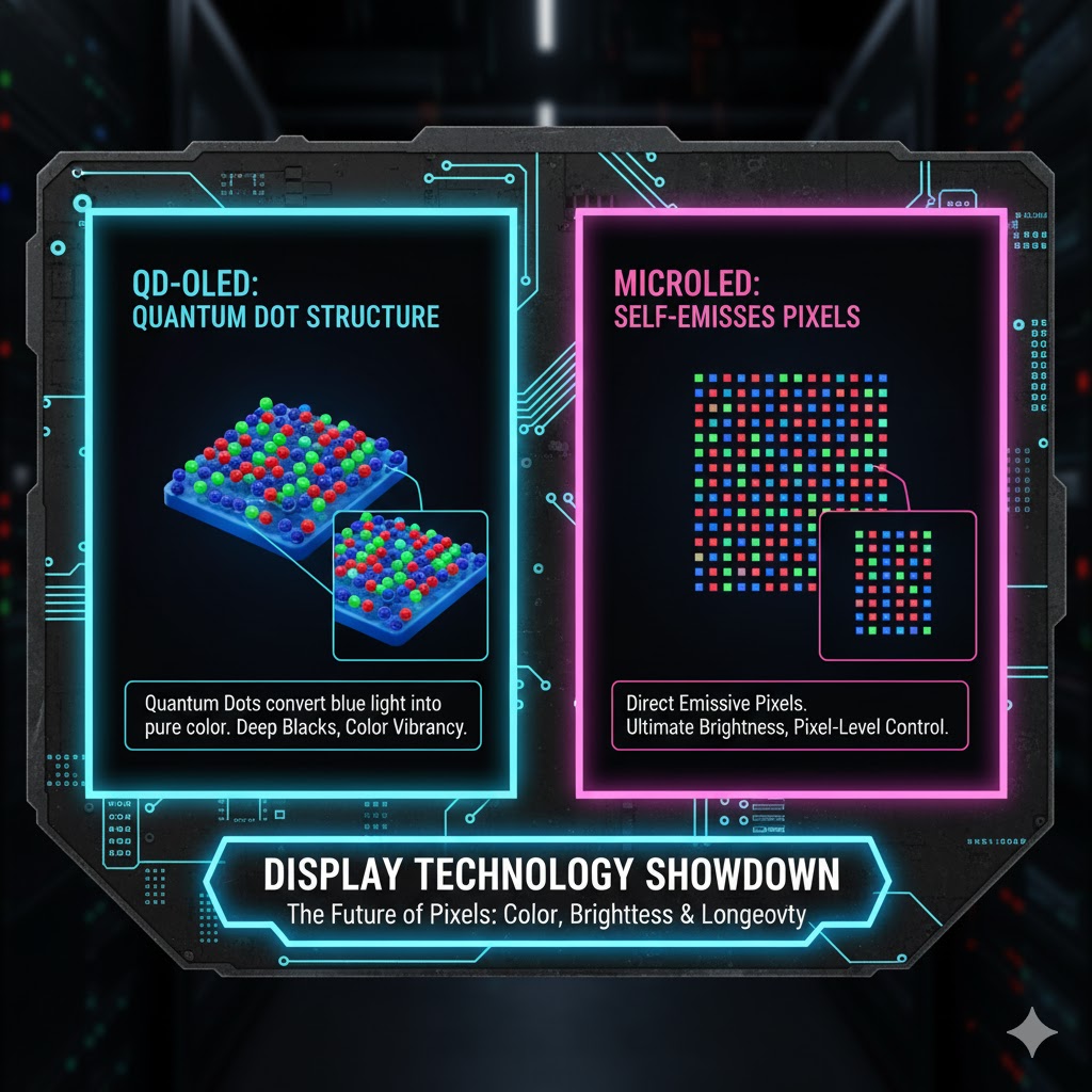 Close up comparison of the Quantum Dot structure in Sony Bravia QD OLED vs the self emissive pixels of MicroLED