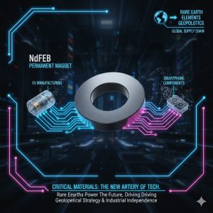 Close-up of a powerful permanent magnet essential for EV Manufacturing Supply Chain and small smartphone components, emphasizing the role of Rare Earth Elements Geopolitics