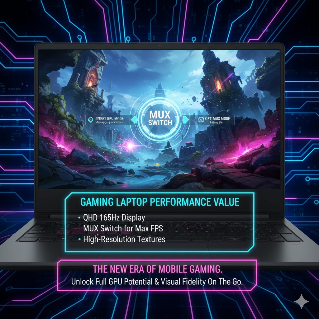 Close-up of a vibrant QHD 165Hz gaming laptop screen showing high-resolution textures, symbolizing the MUX switch and Gaming Laptop Performance Value