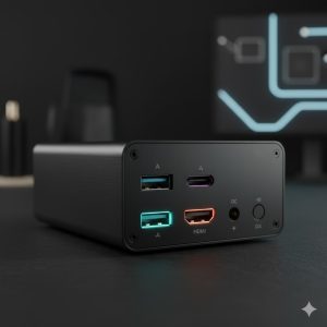 Close-up of mini PC connection ports