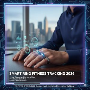 Close-up of three modern, sleek Best Smart Rings 2026 (Oura, Ultrahuman, Samsung) on a sophisticated American professional's hand, highlighting biometric sensors and Smart Ring Fitness Tracking