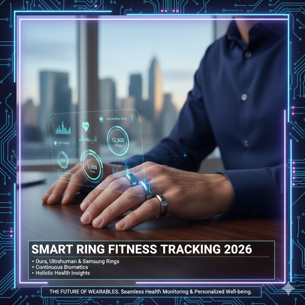 Close-up of three modern, sleek Best Smart Rings 2026 (Oura, Ultrahuman, Samsung) on a sophisticated American professional's hand, highlighting biometric sensors and Smart Ring Fitness Tracking