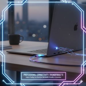 Close-up on the side of the M5 MacBook Pro showing the Thunderbolt 5 port, symbolizing connectivity and future-proofing for professionals