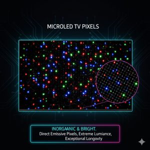 Close-up view of a microscopic MicroLED array, illustrating the high brightness and inorganic nature of MicroLED TV pixels