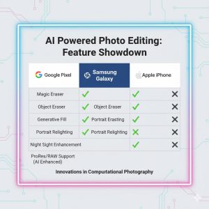 Comparative features table for Smartphone Photography AI Editing Tools from Google, Samsung, and Apple