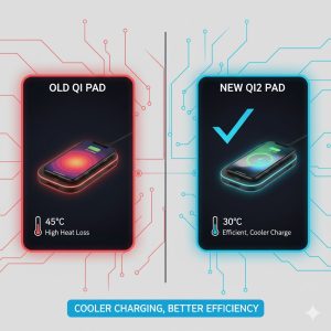 Comparative thermal analysis of Old Qi vs. Qi2 Technology showing reduced heat generation with magnetic alignment