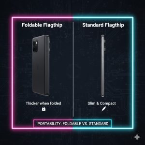 Comparison of a thick, closed foldable phone and a slim, standard flagship smartphone - Foldable vs Standard Flagship Portability