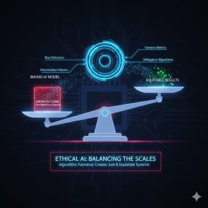 Conceptual diagram showing a scale with unequal weights being balanced by a digital filter representing an algorithmic fairness layer
