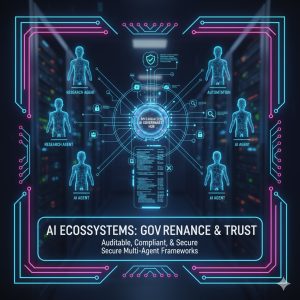 The State of AI Agent Frameworks (Pillar Guide): LangChain, AutoGen, and Future Ecosystems 4 Conceptual image of a future multi agent ecosystem emphasizing governance and audit trails in AI Agent Frameworks