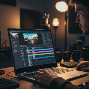 Creator using a high-end laptop for video editing with a timeline visible on the screen