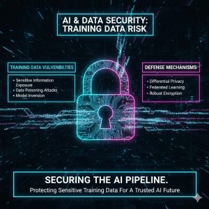 Data streams flowing out of an encrypted lock icon, emphasizing AI and Data Security risk in training data and the need for Defense Mechanisms