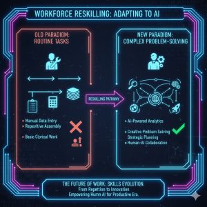 Detailed infographic showing the workforce reskilling process, shifting from routine tasks to complex problem-solving