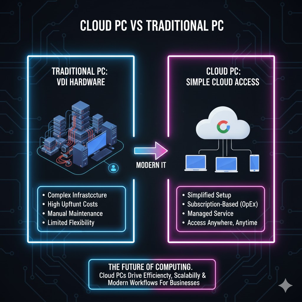 Diagram comparing complex VDI hardware to simple cloud access, emphasizing Cloud PC vs Traditional PC