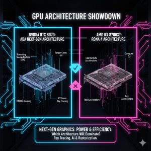 Diagram comparing the Ada Next-Gen architecture of the RTX 6070 vs the RDNA 4 architecture of the RX 8700XT