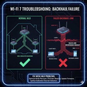 Wi-Fi 7 Troubleshooting Guide: 5 Proven Fixes for Dropouts, Handshake Errors, and Latency Issues 3 Diagram illustrating a failing backhaul link in a Wi-Fi 7 Mesh Network setup and the fix needed for Wi-Fi 7 Troubleshooting