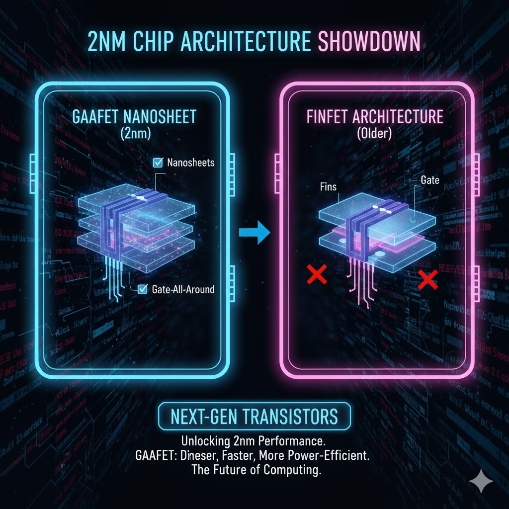 Diagram illustrating the Gate All Around GAAFET Nanosheet structure compared to the older FinFET architecture for 2nm chips