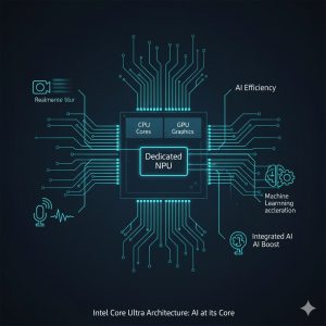Diagram illustrating the Intel Core Ultra architecture with dedicated NPU for AI efficiency in the HP Spectre x360 14 Core Ultra