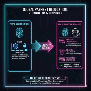 The Global Shift in Mobile Payment Security: Biometrics, Digital Wallets, and Regulation 4 Diagram illustrating the impact of global payment regulation like PSD2 and SCA on mobile authentication standards and compliance.