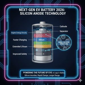 Diagram illustrating the internal structure and silicon anode technology of Next Gen Lithium Ion EV Battery Technology 2026