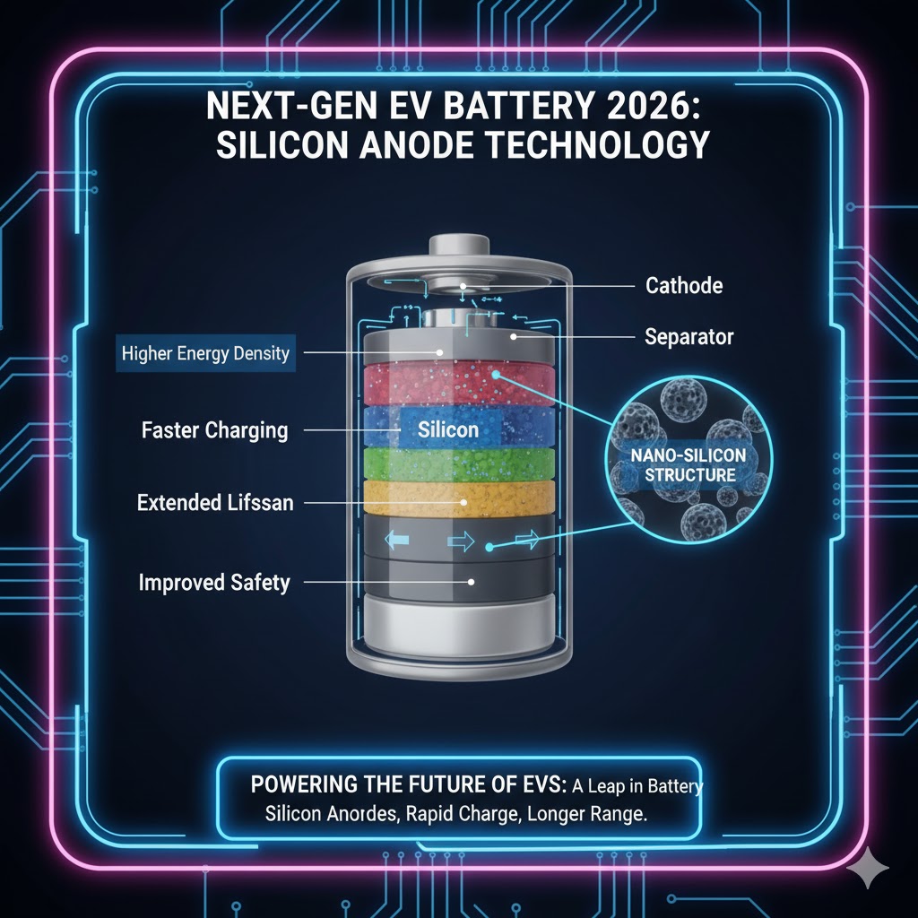 Diagram illustrating the internal structure and silicon anode technology of Next Gen Lithium Ion EV Battery Technology 2026
